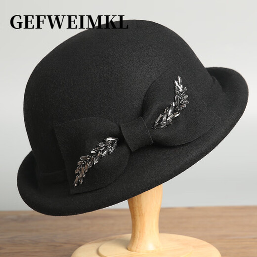 GEFWEIMKL Merino Wool Hat Women's Autumn and Winter New Bow Hepburn Style Women's Fashion Hat Elegant Warm Basin Hat Black Adjustable (56-58cm)