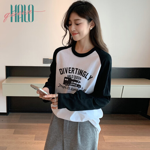 HaloQueen long-sleeved T-shirt women's spring and autumn raglan sleeve black and white splicing top trendy letter printed outer T-shirt H141T2270