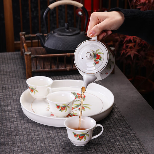 Songhui white porcelain gold-painted Kung Fu tea set with ceramic plate for home use, simple ear-proof anti-scalding teapot, small set, everything goes well (teapot 400ml tea cup 80ml tea tray 25)
