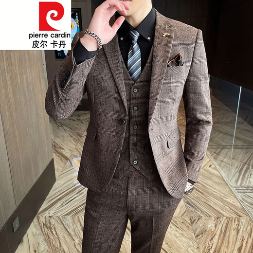 Pierre Cardin Suit Men's Slim Casual Business Formal Wear Groom Wedding Dress Plaid Suit Jacket Trend 2017 Coffee Style (Suit, Pants) Tie M (85-108Jin Jin is equal to 0.5 kg)