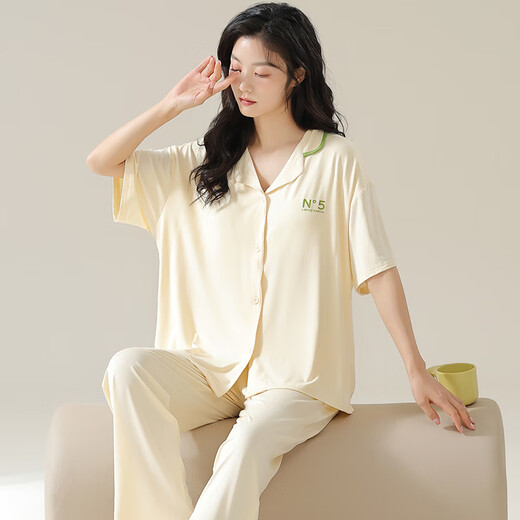 莫代尔女士睡衣夏2025新款冰丝短袖长裤开衫韩版夏天薄款宽松家居服 09M12109 M