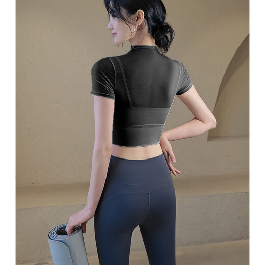 Yoga suit with chest pad for women summer Pilates fitness running suit sports suit short sleeve black top + gray trousers S S80-95Jin Jin equals 0.5 kg
