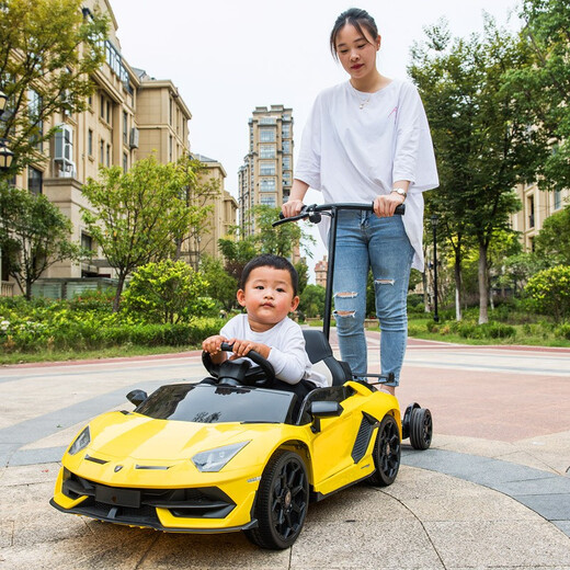 Haolaixi Lamborghini children's electric car four-wheeled with remote control baby car adult and child toy car can sit on the stroller yellow adult standing board/foam soft wheel/leather seat