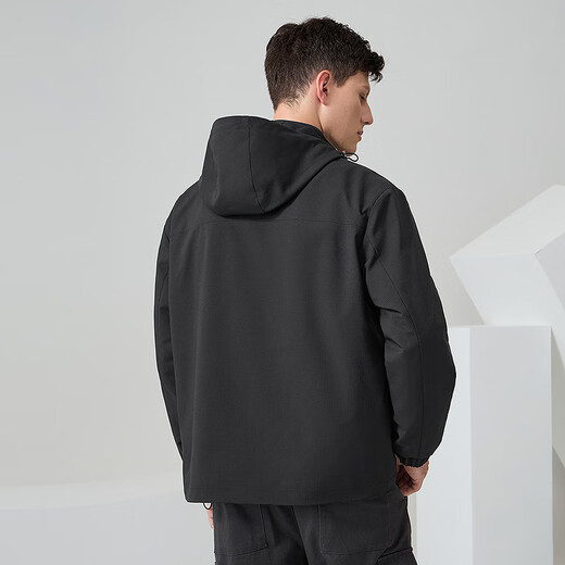 Dances with Wolves, fleece lining, winter outdoor casual hooded windproof and warm men's jacket 001 black 175