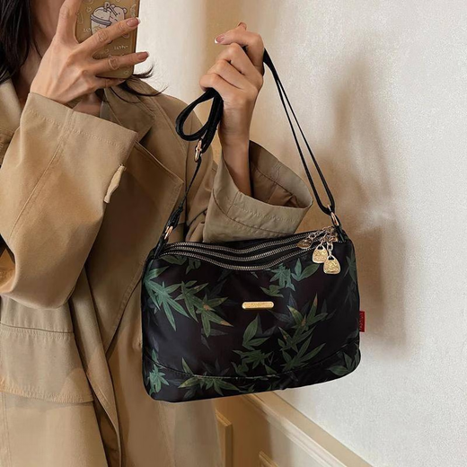 Original national style design bamboo leaf commuter bag for women 2025 spring and autumn new printed three-layer single shoulder crossbody bag new printed crossbody bag black large size