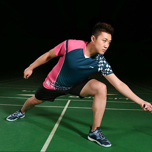 李宁（LI-NING）羽毛球服短袖套装春夏凉爽排球乒乓球打比赛运动服时尚专业透气 男子/蓝色上衣/黑色短裤 套装 2XL