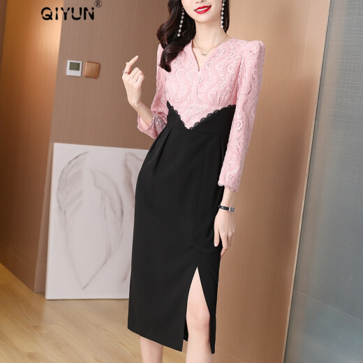 QIYUN light luxury brand women's lace splicing dress women's 2021 spring and summer new style belly-covering slimming slimming age-reducing mid-length temperament picture color M