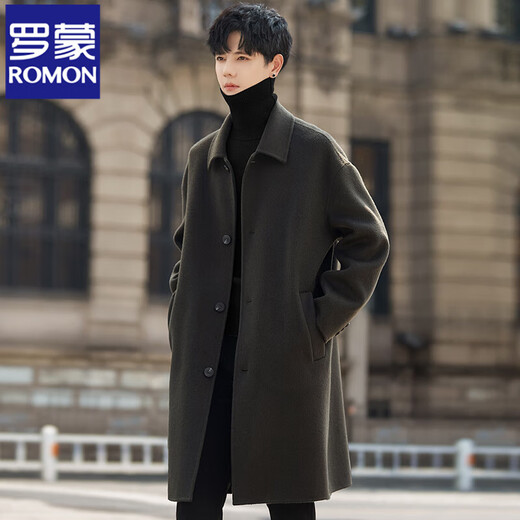ROMON double-sided pure wool woolen coat for men 2025 new autumn and winter thickened mid-length windbreaker woolen coat pickle gray green XL (150-170Jin Jin equals 0.5kg)