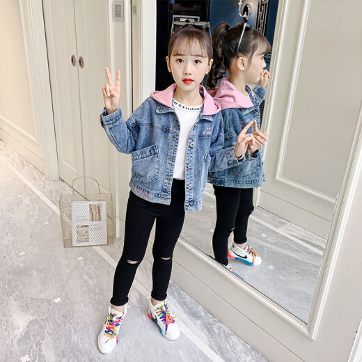 Nanjiren Girls Denim Jacket 2021 Spring New Children's Loose Hooded Top 10-Year-Old Girl Korean Version 12 Medium Big Children Spring and Autumn Outfit Pink 120cm