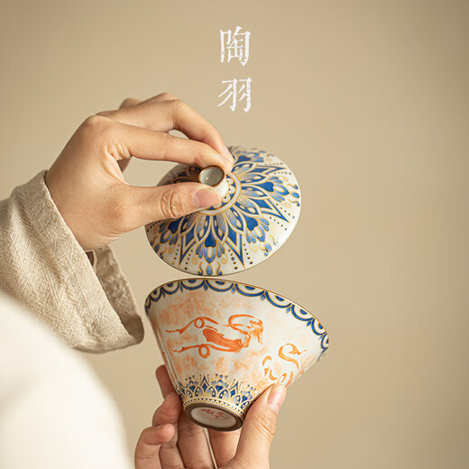 Tao Yu imitation Song Dynasty Ru Kiln Dunhuang Feitian bamboo hat Sancai bowl anti-scalding household Kung Fu tea set large capacity ceramic tea bowl Imitation Song Dynasty Ru Kiln Dunhuang Feitian bamboo hat bowl