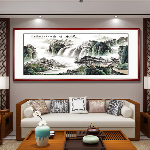 Sheng Zhen's flowing water brings wealth, landscape painting, traditional Chinese painting, hand-painted authentic office hanging painting, living room decoration painting, ink Chinese style, making money, flowing water makes money, Xiaoba 277*122cm (solid wood frame + organic film)