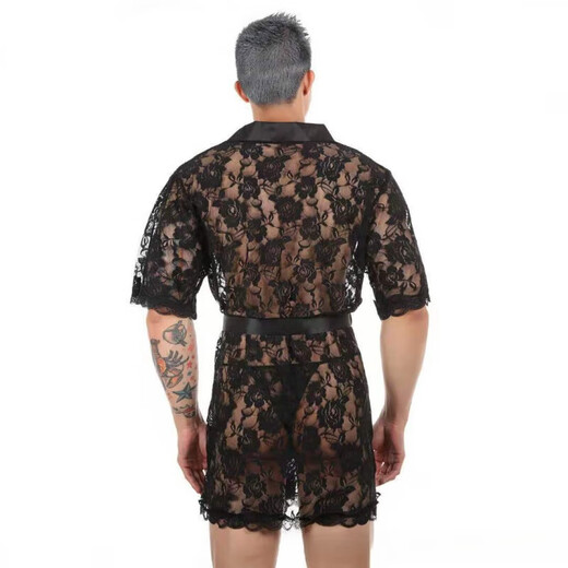 Boys Men's Sexy Nightgown Super Sexy Lace Transparent Thong Bathrobe Lounge Suit XL Black