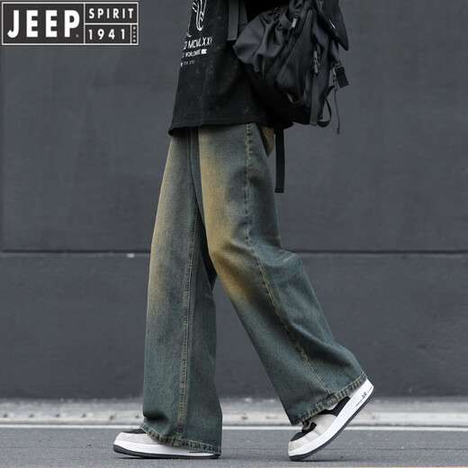 JEEP SPIRIT Men's Washed Distressed Jeans Boys Straight Leg Loose 2025 New Drapey Wide Leg Pants Men's Autumn and Winter 1047 Nostalgic Color XL