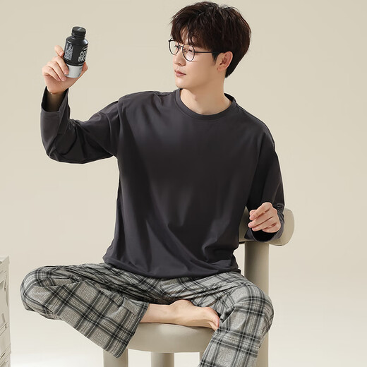 Langsha pure cotton pajamas men's cotton plaid youth can wear spring long-sleeved trousers loose men's home clothes suit