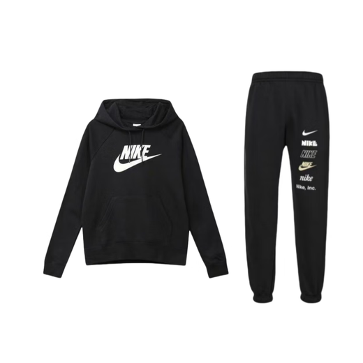 Nike (NIKE) simple logo printed pullover hooded long-sleeved warm casual knitted sweatpants sweatshirt set for men and women black (top + pants) S