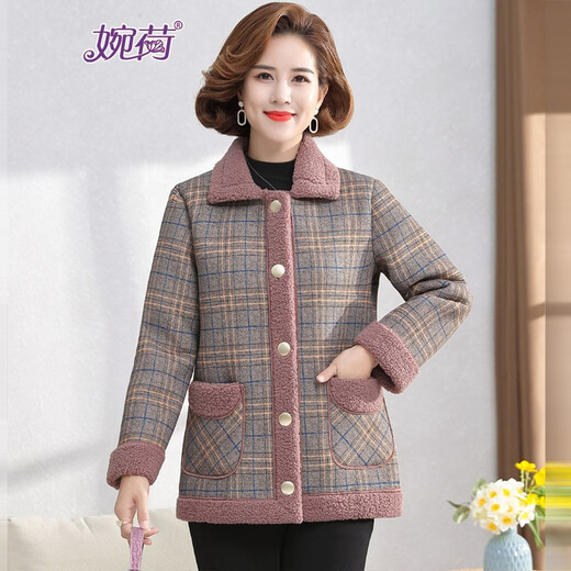 Wanhe middle-aged and elderly women's clothing, temperament, velvet and thickened coat, lapel plaid cotton coat, middle-aged mother's short cotton jacket and cotton coat