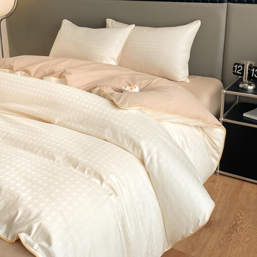 I-WILL light luxury jacquard four-piece set pure cotton 100 simple quilt cover bedding milkshake white-milk tea 1.5/1.8 meters