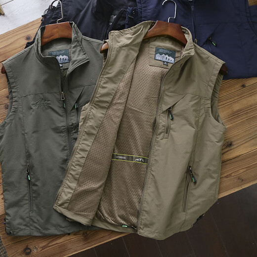 AKYK American trendy stand-up collar vest for men multi-functional waterproof breathable waistcoat vest for men outdoor sports and leisure jackets for men Khaki 2XL 150-165Jin Jin is equal to 0.5 kg