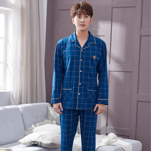 Langsha-Pyjamas für Herren im Frühjahr und Herbst aus reiner Baumwolle mit langen Ärmeln, lockerem Revers, Heimkleidung für Herren, Frühjahrs-Baumwollknopf-Hauskleidung, kann außerhalb des Anzugs getragen werden SFB3888 Herren 3XL Größe 170–185 cm/175–190 Jin Jin entspricht 0,5 kg