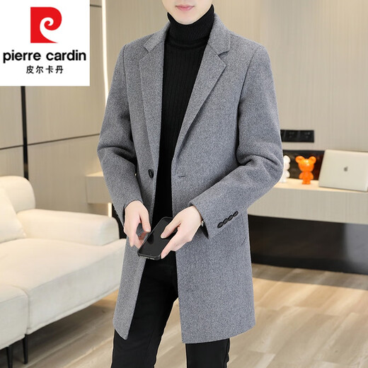 Pierre Cardin (Pierre Cardin) Down Lined Double-sided Woolen Coat Men's Wool Woolen Windbreaker Mid-Length Cashmere Jacket Spring Autumn Winter Men's Clothing Black (70 Wool) L 120-140Jin Jin is equal to 0.5 kg