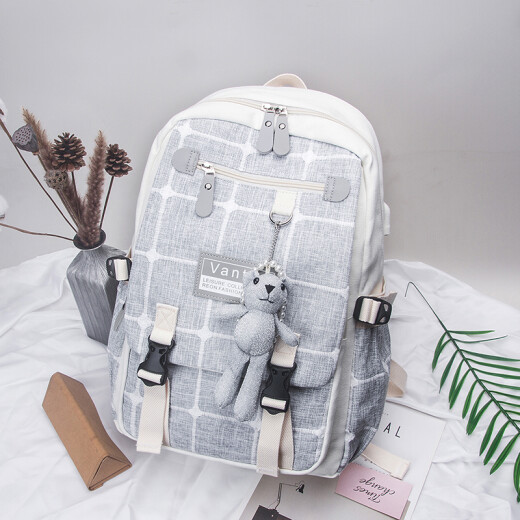 Futexi new canvas schoolbag female large capacity junior high school student high school student college student backpack computer bag V6328G elegant gray + tutoring bag + pencil bag