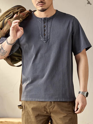 Xiaohongshu's popular high-end retro short-sleeved T-shirt for men in summer loose large size tough guy casual Henry collar bottoming shirt Mocha brown S S90-115Jin Jin is equal to 0.5 kg