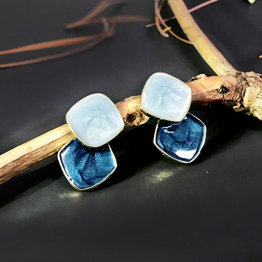 Hazel Orange Klein Blue Retro Earrings Women's S925 Tremella Needles Haze Blue Geometric Oil Drop Fashion Earrings Earrings Geometric Earrings Haze Blue A001