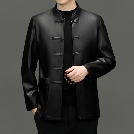Woodpecker (TUCANO) Leather Jacket Men's Leather Jacket Tang Suit Men's Stand Collar Tunic Jacket Elderly Spring and Autumn Chinese Style Leather Jacket Men Black 195