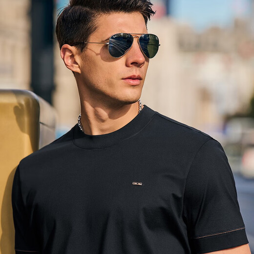 Mr. Bu brand logo round neck mercerized cotton T-shirt spring and summer fashion casual short-sleeved men's clothing AT12052 black XL (180)