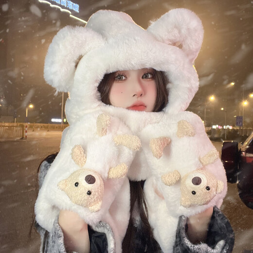 Caikaying autumn and winter bear hat and scarf all-in-one women's winter warm plush gloves three-piece set cute hooded ear protection Longbao three-piece set beige