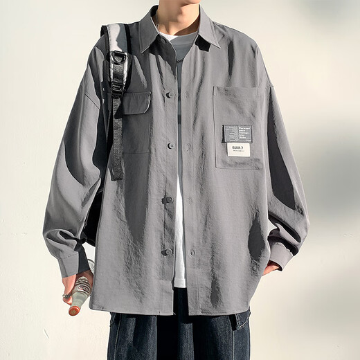 Baiqueting short-sleeved shirt men's summer new ice silk shirt jacket men's trendy brand loose casual work jacket top 854 light gray XL
