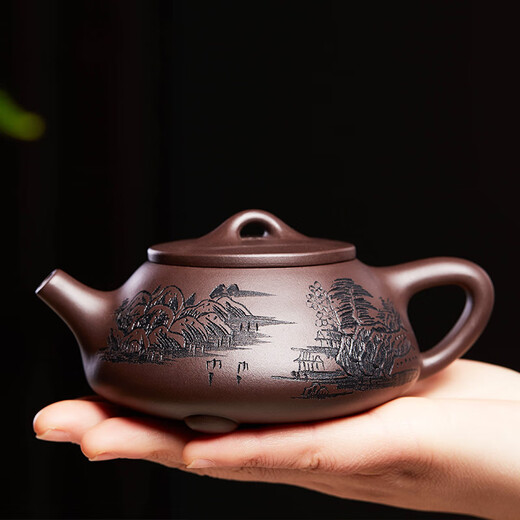 Zun Hu Yixing purple clay teapot stone ladle teapot handmade tea set teapot original mineral purple mud teapot carved landscape stone ladle 200cc