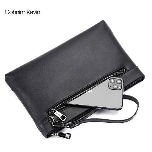Cohnim kevin奢侈品男士手包手拿拉链男包手抓长钱包送老公男友父亲节生日礼物 c228黑色【时尚休闲】