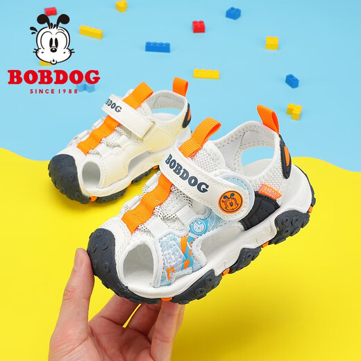 BOBDOG children's shoes soft sole Baotou children's sandals summer new boys soft sole breathable baby toddler shoes for women off-white/navy blue 23 suitable for feet 13.4cm long