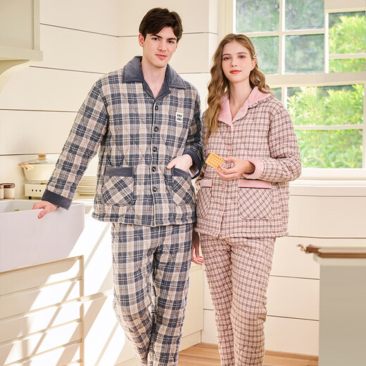 American Standard Gifts Winter New Couple Pajamas Thickened Three-layer Cotton Warm Men's and Women's Casual Plaid Can Be Weared Outer Home Clothes Dark Gray (Coral Velvet Inner Layer) XL