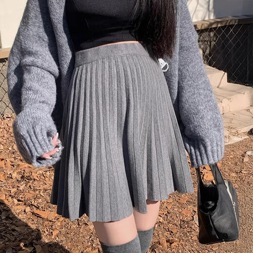 Red makeup Jumei high-waisted knitted pleated skirt autumn knitted skirt autumn winter short skirt pleated skirt spring autumn a-line skirt spring skirt gray pleated skirt one size one size