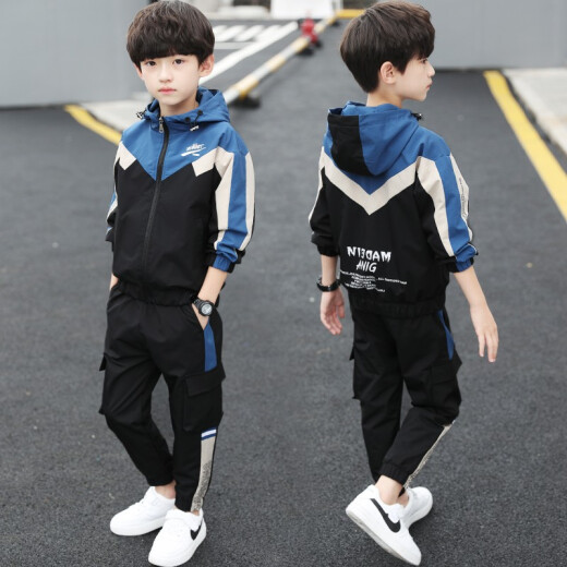 Xiao Lingtou children's clothing boys suit 2021 new children's spring and autumn clothing, big children's hooded jacket, long-sleeved pants two-piece set, little boy's spring fashion casual clothes, trendy blue 150 yards (suitable for height around 140)