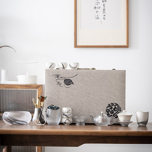 Langting Yafang Chinese high-end gilt silver glazed Kung Fu tea set teapot cover bowl tea sea tea cup home office living room complete tea set gift box ink dyed glazed Kung Fu tea set 15 pieces