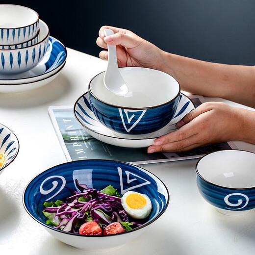 Jiesheng Jishi Couple 2-4 person dishware set Jingdezhen ceramic tableware set household combination Japanese style mixed color 2 bowls 2 plates 2 spoons 2 chopsticks 1 soup bowl 1 tablespoon