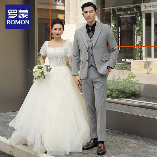 ROMON groom wedding formal suit men's three-piece business casual suit men's British elastic slim suit medium gray top + pants + vest white shirt 50/L 105-120Jin Jin equals 0.5 kg to wear