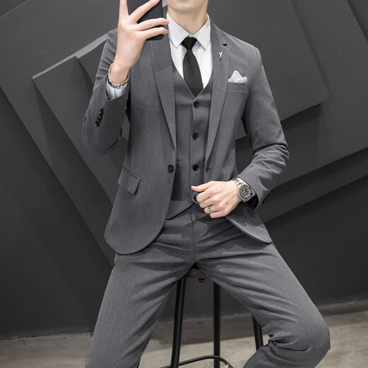 Playboy (PLAYBOY) casual suit men's suit Korean style business formal three-piece suit slim wedding groomsman dress high-end suit jacket black suit + vest + pants with waist tie 3XL