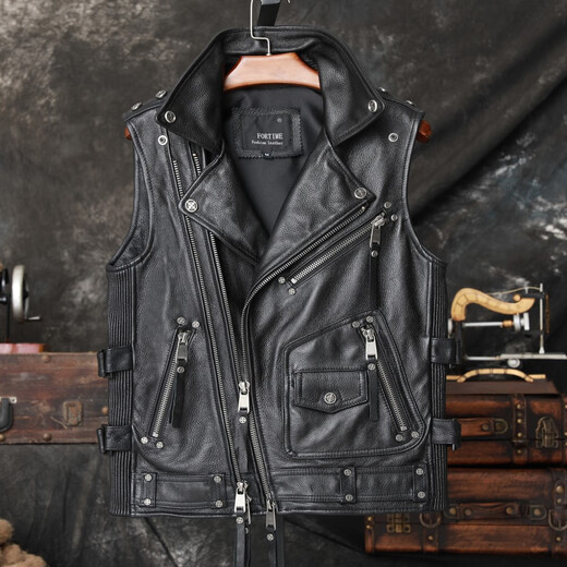 Lee dprre vest cowhide leather jacket men's short cycling heavy motorcycle leather vest trendy black 3XL
