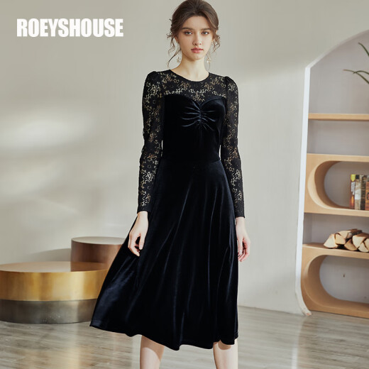 roeyshouse Luo Yi Elegant Black Velvet Dress 2021 Spring New Velvet Lace Evening Dress 03777 Black 2XL