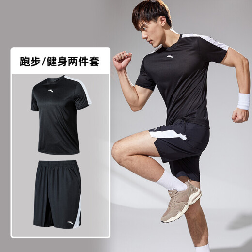 ANTA official flagship sports suit men's spring loose knitted sports short-sleeved shorts men's two-piece set basic black floral gray-8L (Male 175)