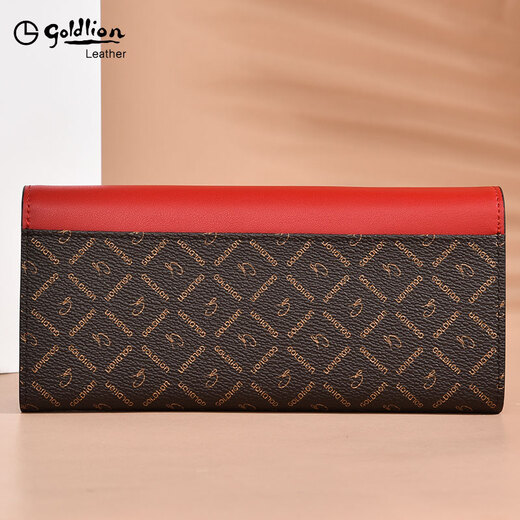 Goldlion Long Wallet Women's New Fashion Genuine Leather Handbag Three-fold Clutch Bag Clutch Bag Women's Luxury High-end Brand Get a fake one and get ten for free Official straight hair red