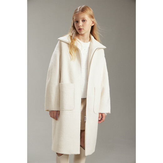 ELLE KIDS children's clothing knitted splicing large lapel woolen coat girls autumn and winter new double zipper mid-length coat white 165 (M)