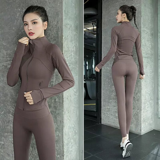 YUNTH brand yoga clothes for women 2025 new autumn and winter Pilates training clothes quick-drying high-looking fitness morning running coffee purple jacket three-piece set M recommended 95-105 Jin Jin equals 0.5 kg