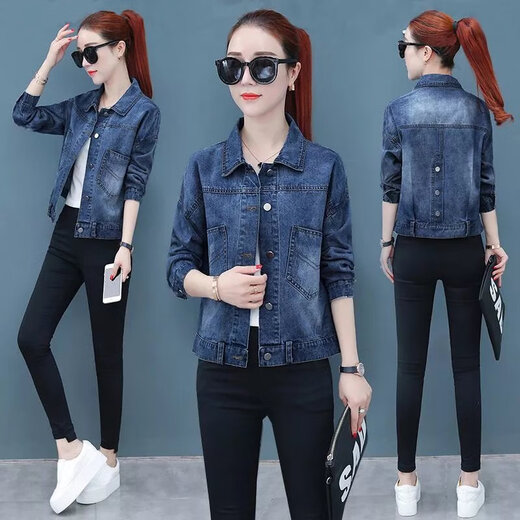 Yimuqi denim jacket for women Korean style loose internet celebrity embroidery 2024 spring and autumn new trendy denim jacket versatile small women's clothing 9901# back beauty picture blue S code suggest 8095Jin [Jin equals 0.5 kg]