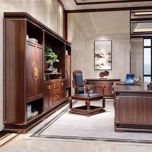 YARXCHEG new Chinese style desk boss desk bookcase set all solid wood ebony wood high-end general manager office executive desk 2.6 meters boss desk