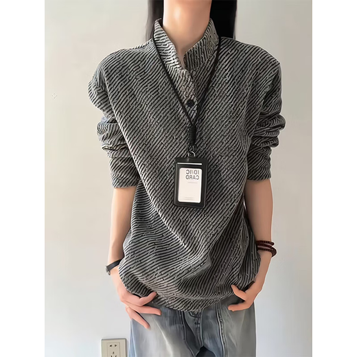 Jingsa American retro long-sleeved sweatshirt for men in autumn new twill henley collar cleanfit inner bottoming shirt gray XL